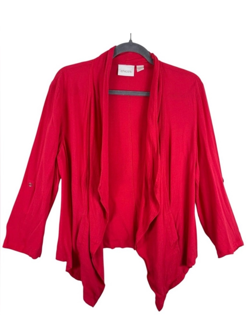 Chico's Red Rayon Long Roll Tab Sleeve Lightweight Open Asymmetrical Blouse Sz M